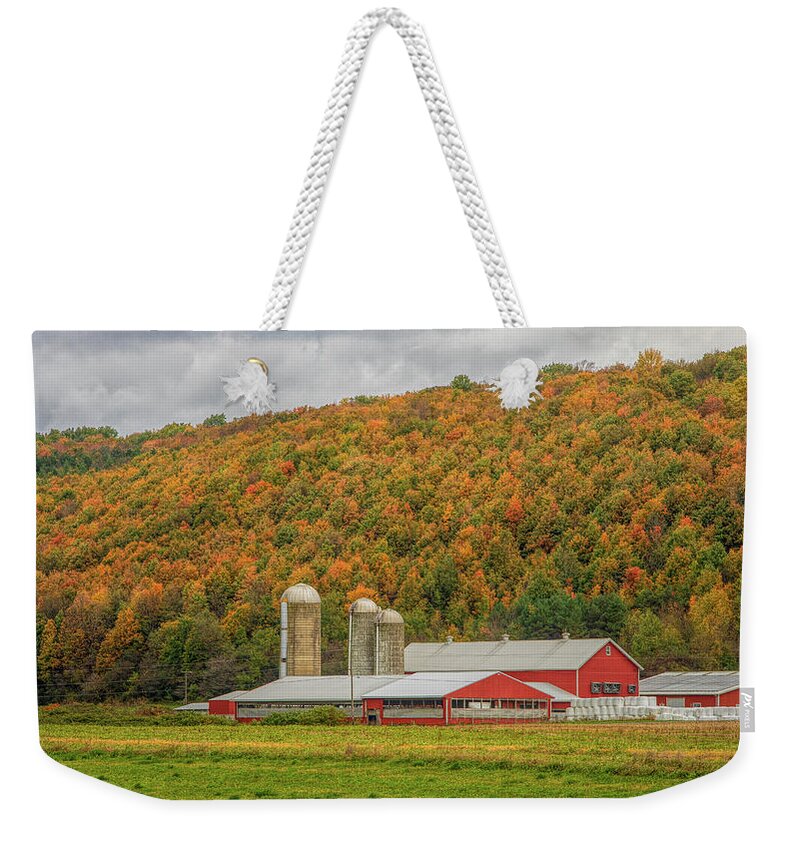 Barn Weekender Tote Bag featuring the photograph Red Barns in Autumn by Rod Best