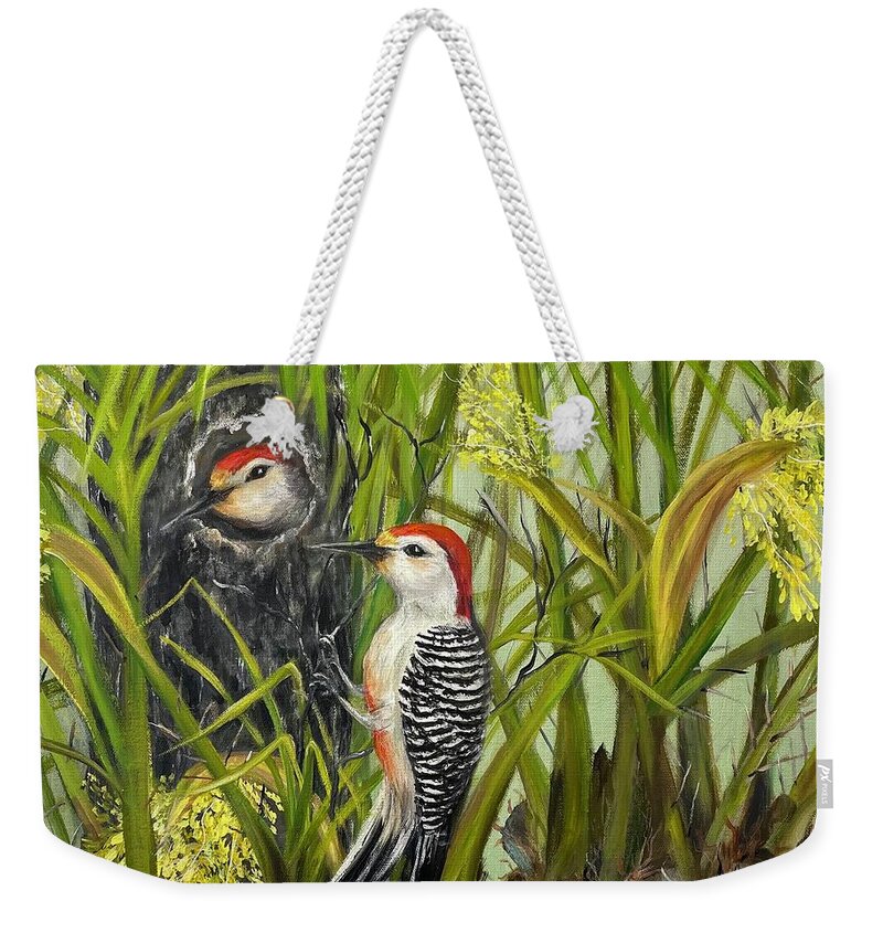 Birds Weekender Tote Bag featuring the painting Red Bellied Woodpeckers by Barbara Landry