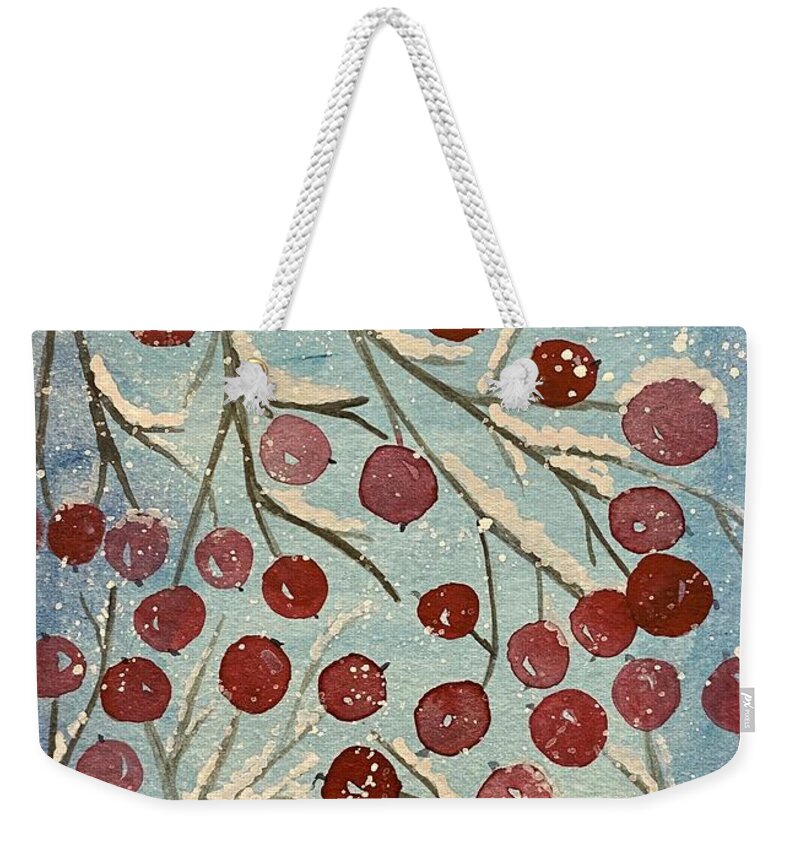 Red Berries Weekender Tote Bag featuring the painting Red Berries in Snow by Lisa Neuman