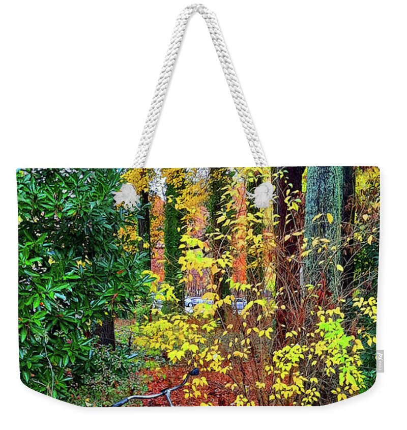 Bicycle Weekender Tote Bag featuring the photograph Red Bicycle on Autumn's Path by Ola Allen