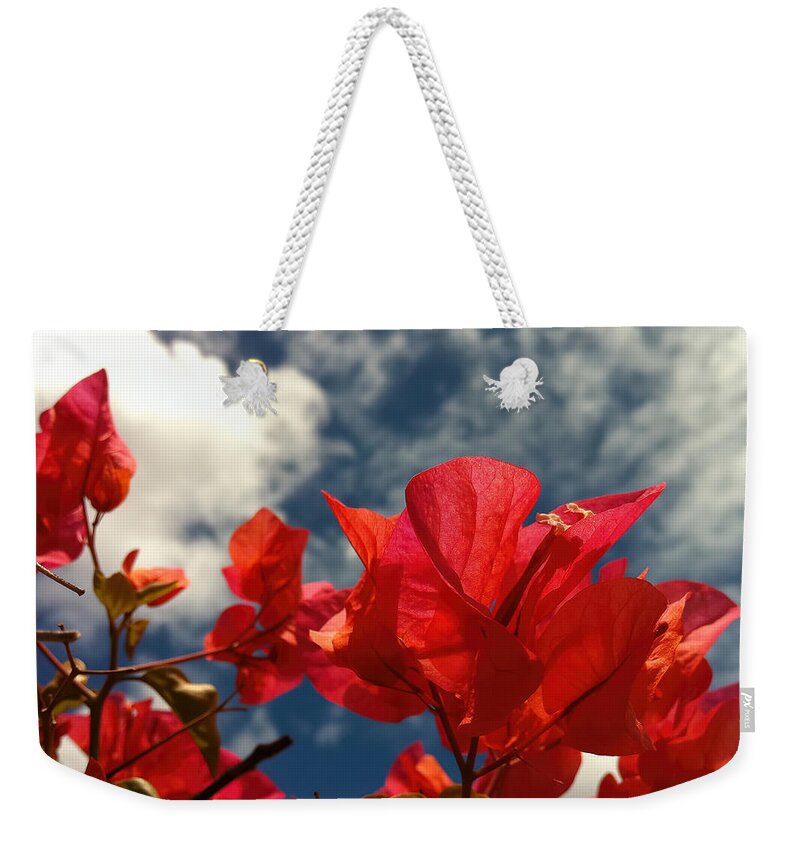 Bougainvillea Weekender Tote Bag featuring the photograph Red Bougainvillea Flowers, White Clouds, Blue Sky by Deborah League