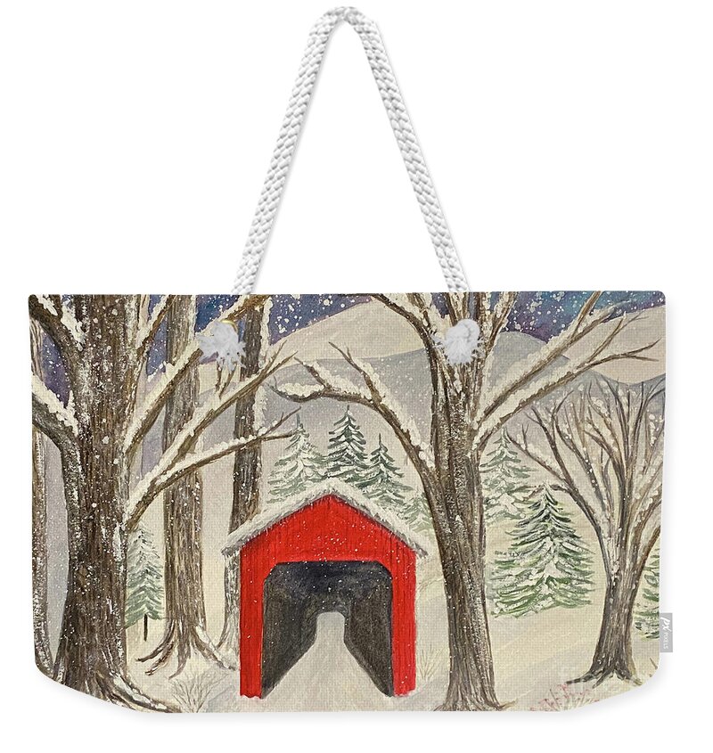 Covered Bridge Weekender Tote Bag featuring the painting Red Bridge in the Snow by Lisa Neuman
