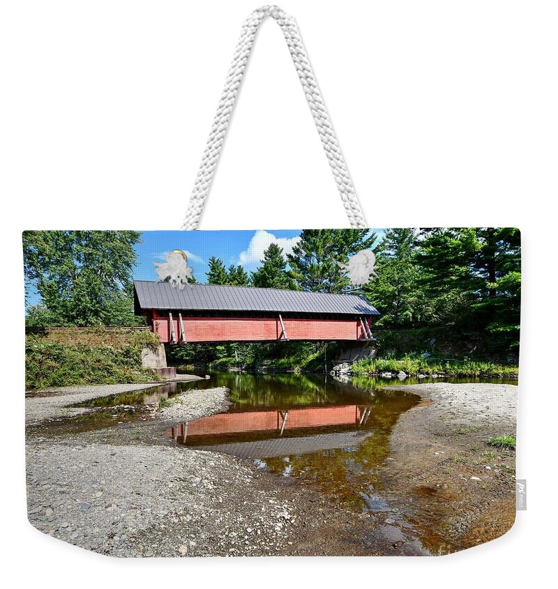 River Road Covered Bridge Weekender Tote Bag featuring the photograph Red Bridge Reflection by Steve Brown