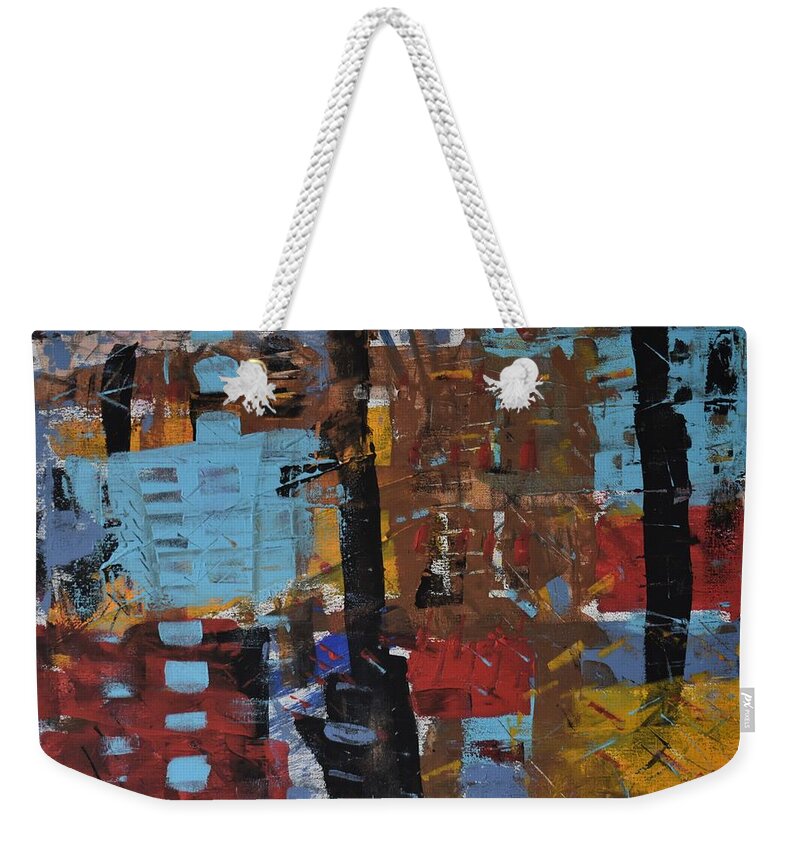 Colorado Weekender Tote Bag featuring the painting Red Brown Mustard Blue by Pam O'Mara
