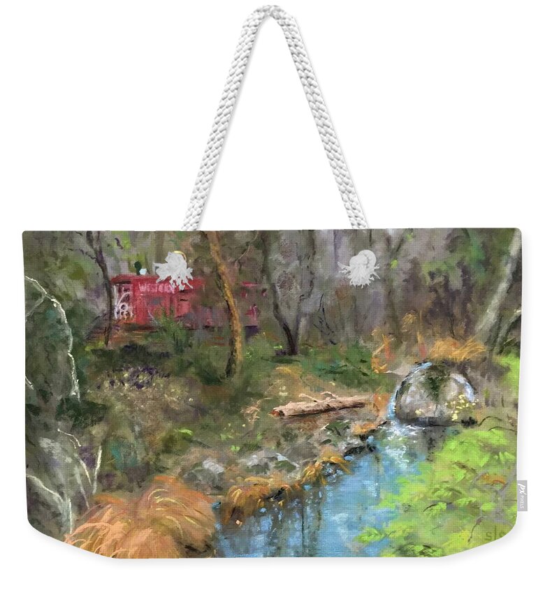 Caboose Weekender Tote Bag featuring the pastel Red Caboose by Sandra Lee Scott