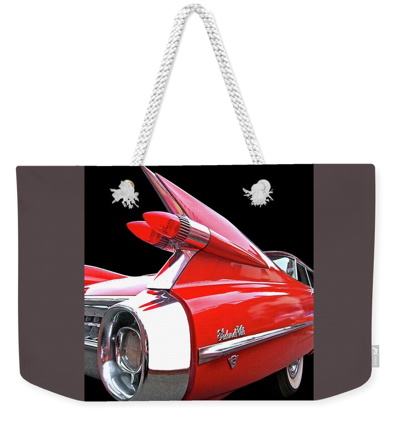Cadillac Weekender Tote Bag featuring the photograph Red Cadillac Sedan de Ville 1959 Tail Fins by Gill Billington