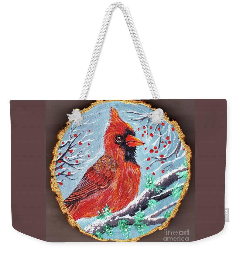 Acrylic Painting Weekender Tote Bag featuring the painting Red Cardinal Ornament by Sudakshina Bhattacharya
