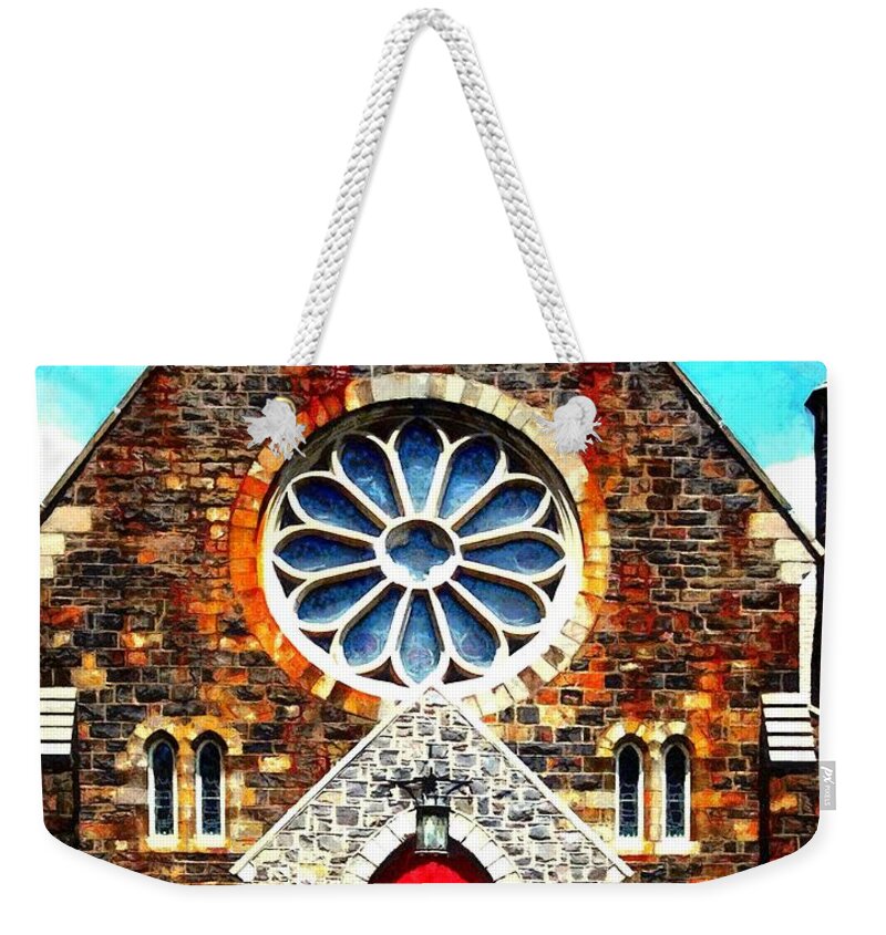 Church Weekender Tote Bag featuring the photograph Red church door Bethlehem PA by Janine Riley