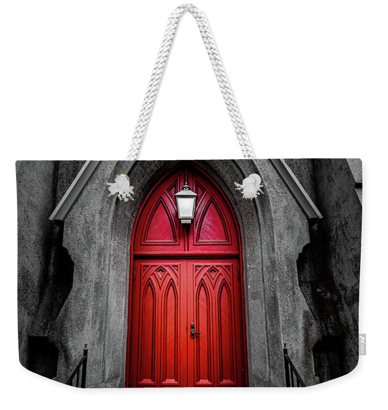 Savannah Weekender Tote Bag featuring the photograph Red Church Door by Kenny Thomas