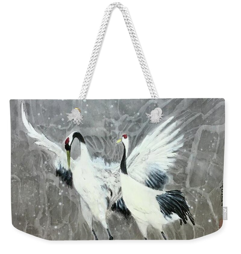 Red-crowned Cranes Weekender Tote Bag featuring the painting Red-Crown Crane - 1 Sweet Quiet Moment by Carmen Lam