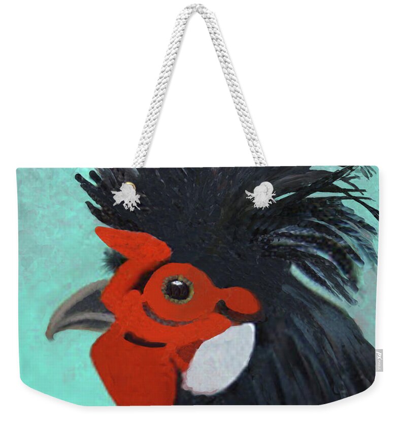 Artwork Prints Weekender Tote Bag featuring the painting Red Faced Rooster by Margaret Harmon