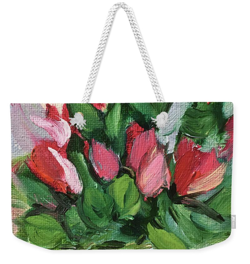 Flowers Weekender Tote Bag featuring the painting Red Flowers in a White Basket by Roxy Rich