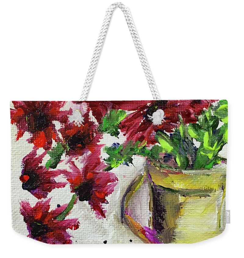 Red Flowers Weekender Tote Bag featuring the painting Red Flowers in a Yellow Pitcher by Roxy Rich