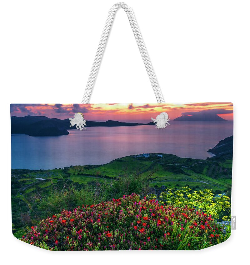 Aegean Sea Weekender Tote Bag featuring the photograph Red Flowers Of Milos by Evgeni Dinev