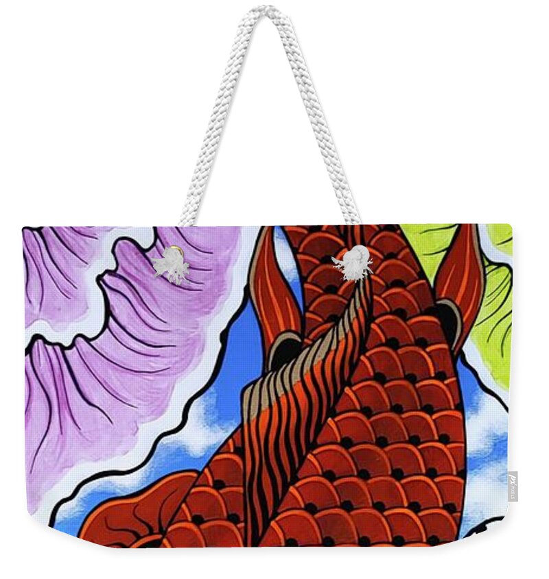 Weekender Tote Bag featuring the painting Red Flying koi fish by Bryon Stewart