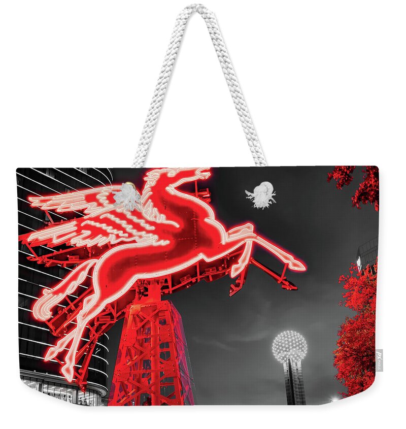 Dallas Pegasus Weekender Tote Bag featuring the photograph Red Flying Pegasus and Reunion Tower in Dallas Texas by Gregory Ballos