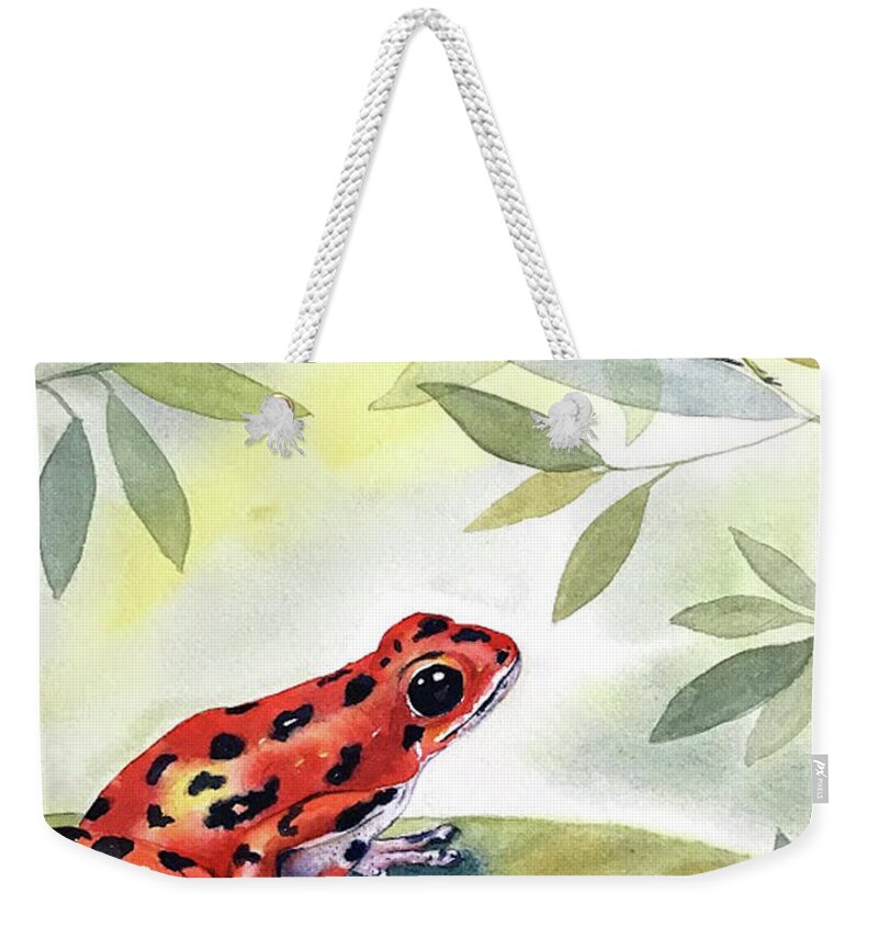 Red Weekender Tote Bag featuring the painting Red Frog and Cricket by Hilda Vandergriff