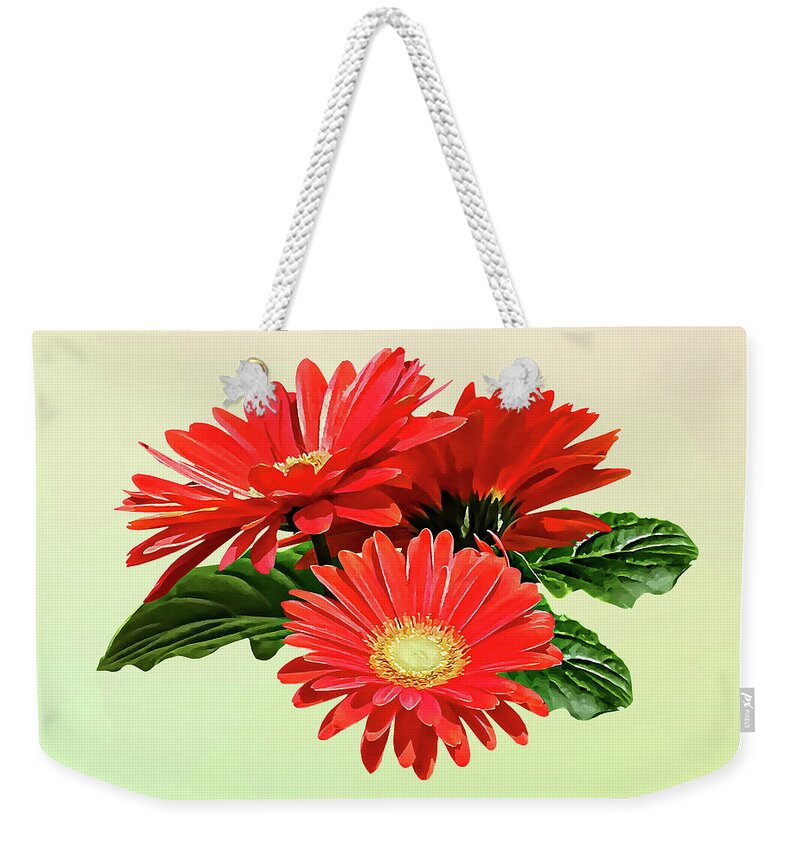 Daisy Weekender Tote Bag featuring the photograph Red Gerbera Daisy Trio by Susan Savad