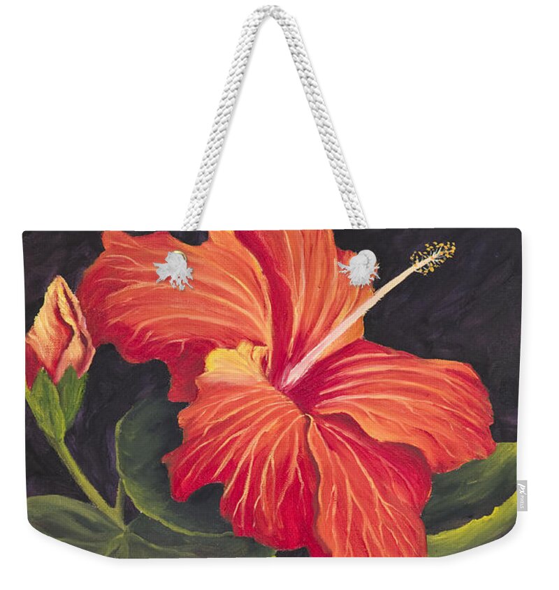 Tropical Flower Weekender Tote Bag featuring the painting Red Hibiscus by Darice Machel McGuire