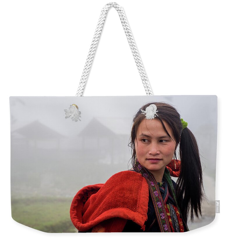 Black Weekender Tote Bag featuring the photograph Red Hmong Lady by Arj Munoz