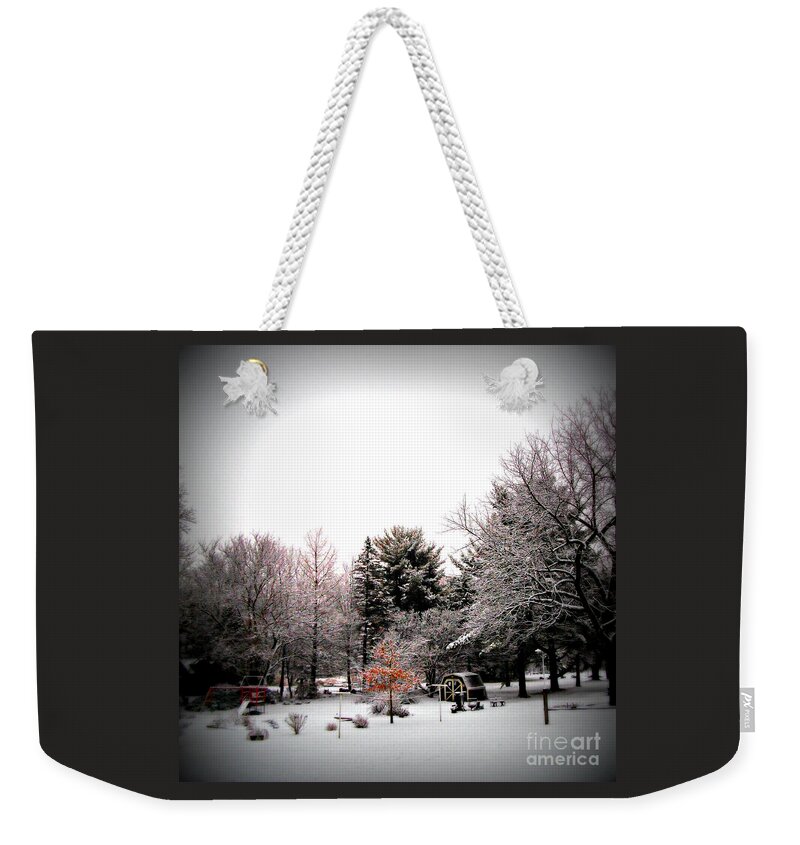 Weather Weekender Tote Bag featuring the photograph Red in the Wooded Winter by Frank J Casella