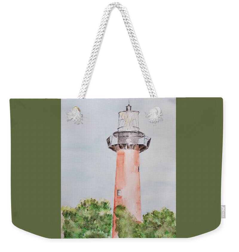 Lighthouse Weekender Tote Bag featuring the painting Red Lighthouse by Claudette Carlton