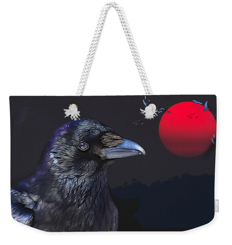 Raven Weekender Tote Bag featuring the digital art Red Moon Raven by Theresa Tahara