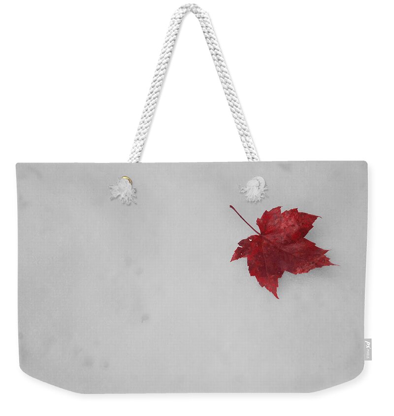Snow Weekender Tote Bag featuring the mixed media Red on White by Moira Law