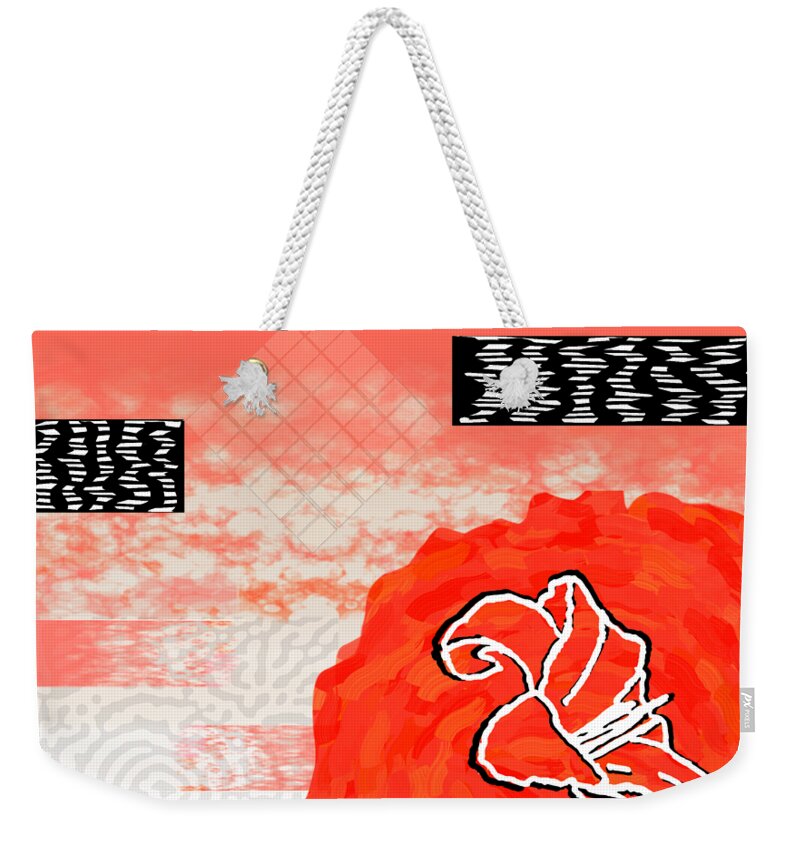 Red Weekender Tote Bag featuring the digital art Red Peach Motif Collage Design for Home Decor by Delynn Addams