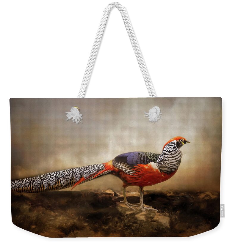 Red Golden Pheasant Weekender Tote Bag featuring the mixed media Red Pheasant Looking Right by Kathy Kelly