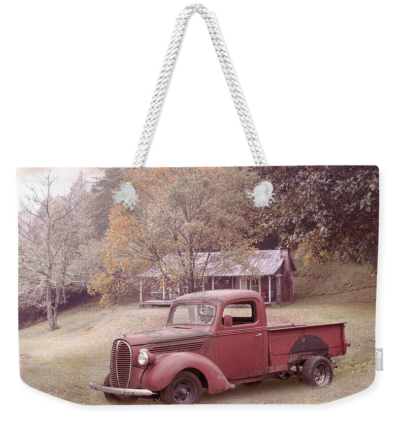Truck Weekender Tote Bag featuring the photograph Red PIckup Truck at the Farmhouse by Debra and Dave Vanderlaan