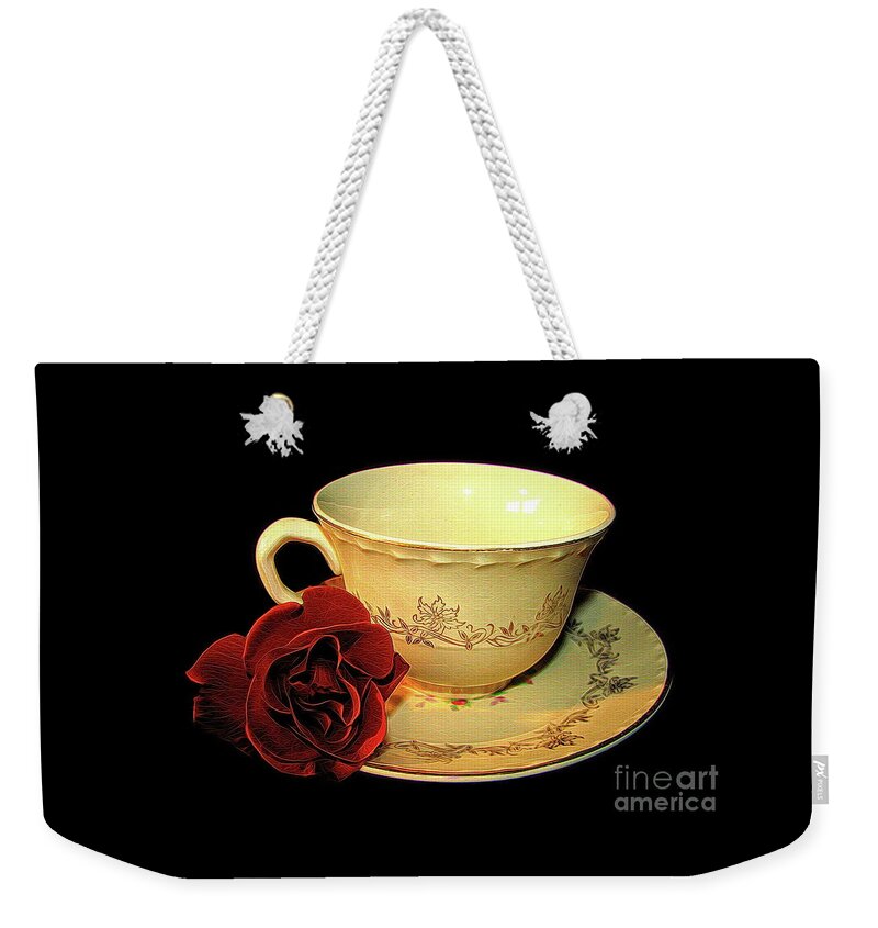Red Rose On Antique Saucer With Matching Tea Cup Abstract Effect Weekender Tote Bag featuring the photograph Red Rose on Antique Saucer with Matching Tea Cup Abstract Effect by Rose Santuci-Sofranko