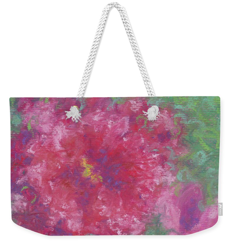 Roses Weekender Tote Bag featuring the pastel Red Roses at the Pond 1 by Anne Katzeff