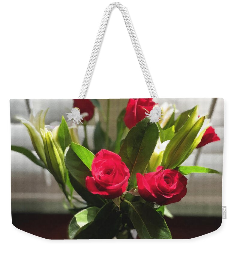 Red Roses Weekender Tote Bag featuring the photograph Red Roses Morning Sun by Brian Watt