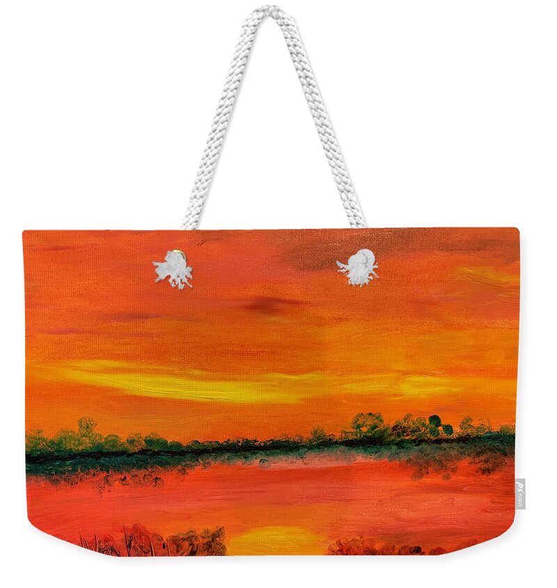 Sunset Weekender Tote Bag featuring the painting Red Sky by Susan Grunin