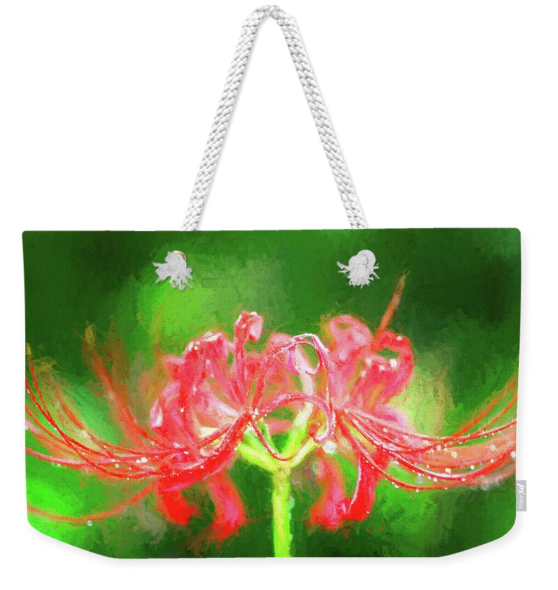 Red Spiderlily In Rain Weekender Tote Bag featuring the photograph Red Spider Lily in Rain by Bellesouth Studio