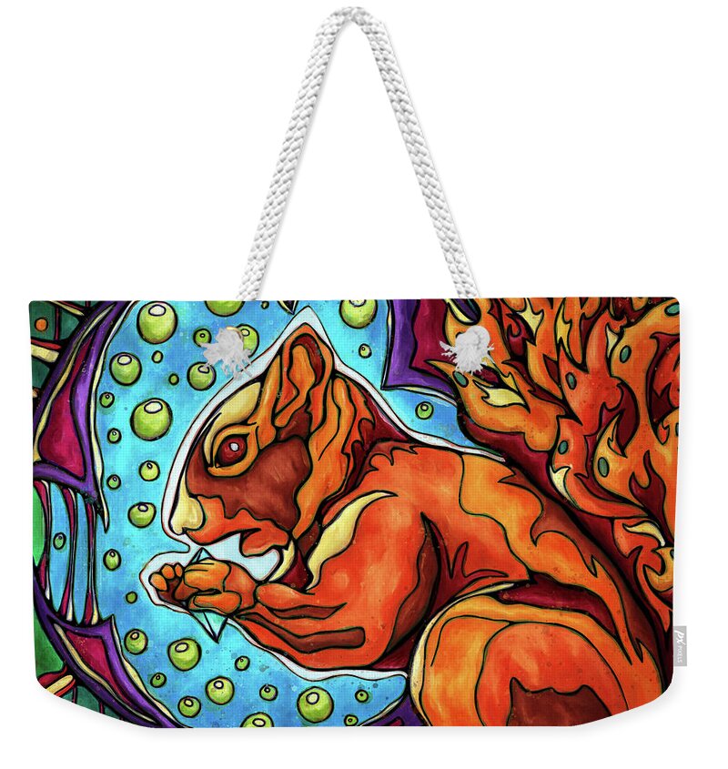 Red Squirrel Weekender Tote Bag featuring the painting Red squirrel in futuristic forest setting by Nadia CHEVREL