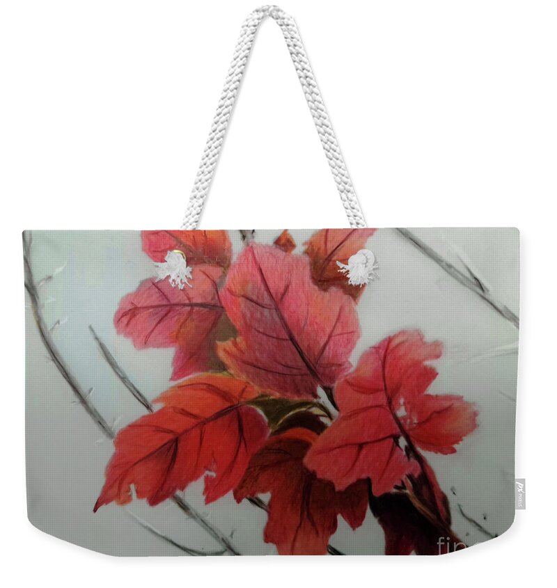 Leaf Weekender Tote Bag featuring the drawing Red Sunset Maple Leaves by Terri Mills
