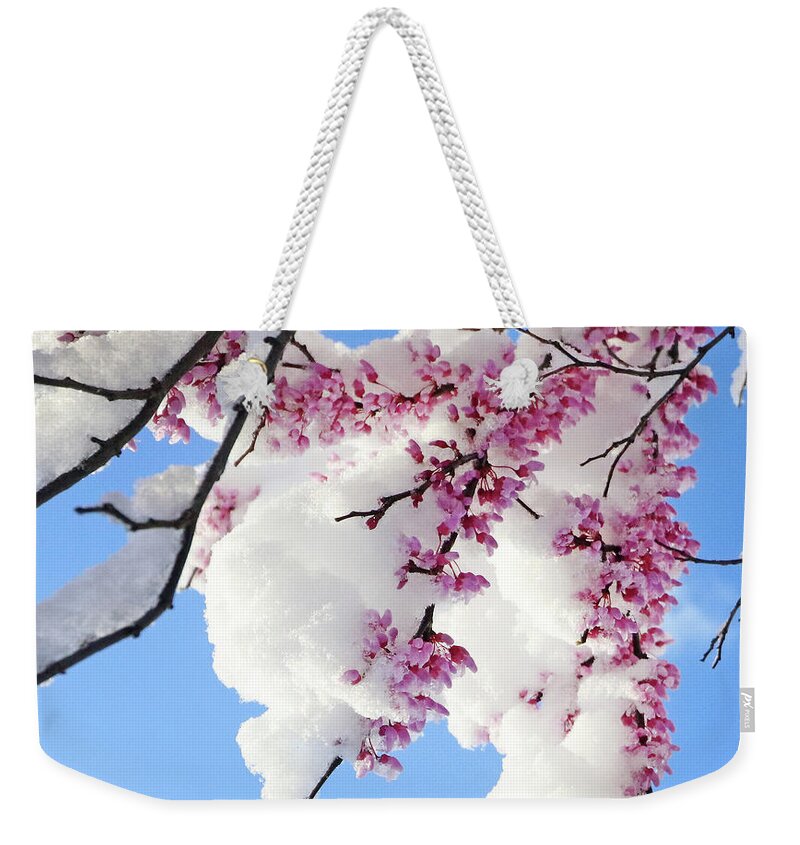 Redbud Weekender Tote Bag featuring the photograph Redbud Blossoms and April Snow 5010 by Jack Schultz