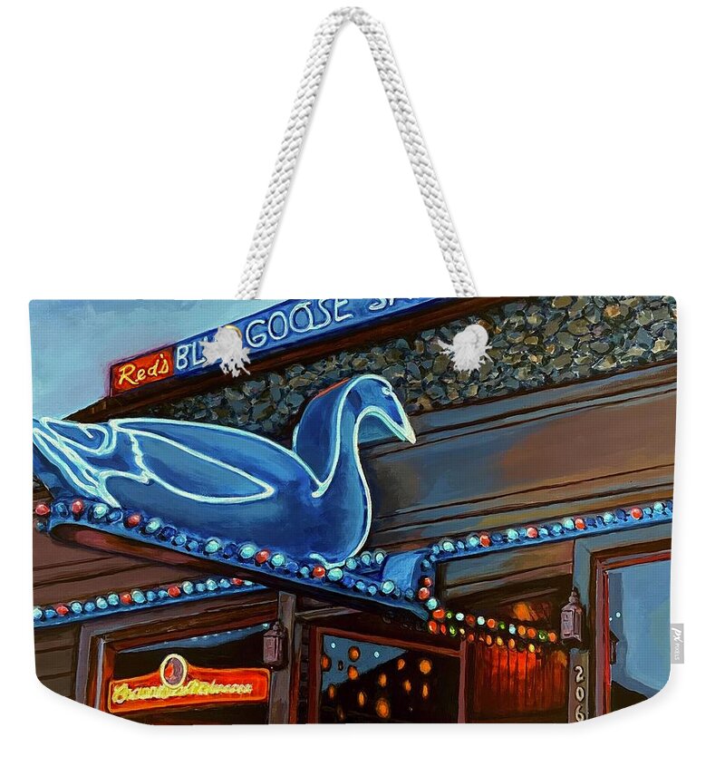 Blue Goose Saloon Weekender Tote Bag featuring the painting Reds Blue Goose Saloon by Les Herman
