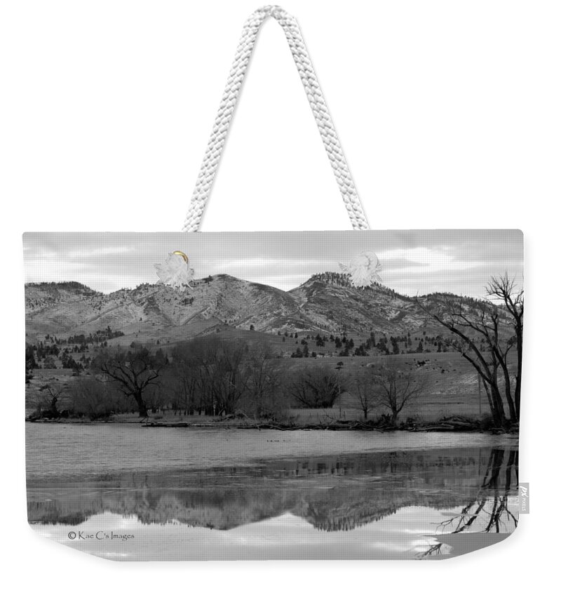 Black And White Weekender Tote Bag featuring the photograph Reflections in Icy Waters BW by Kae Cheatham