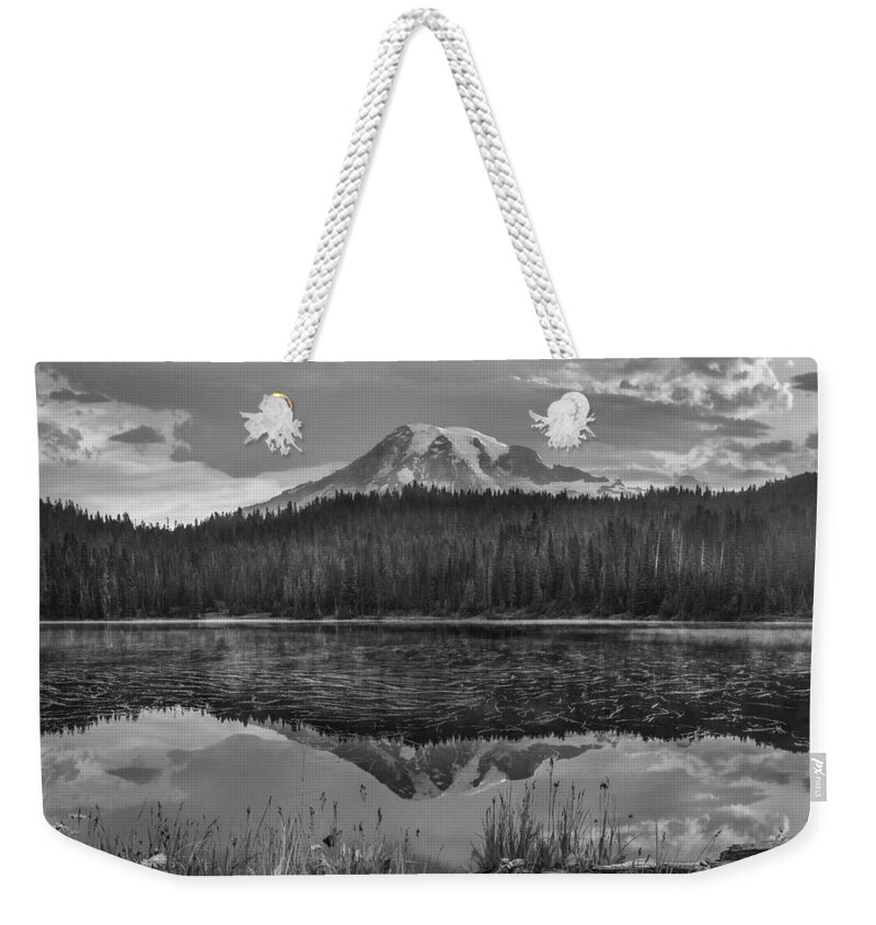 Inspirational Summer Spring Water Reflection June July August Ma Weekender Tote Bag featuring the photograph Reflection Lake, Mount Rainier National P by Tim Fitzharris