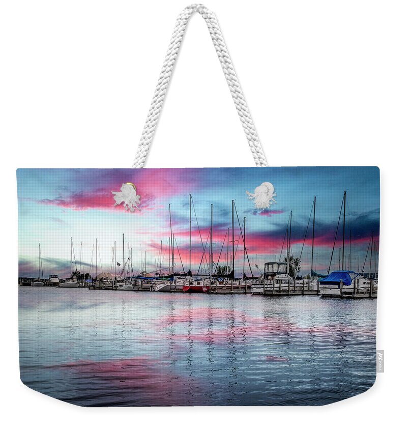 Boats Weekender Tote Bag featuring the photograph Reflections and Boats at the Harbor by Debra and Dave Vanderlaan