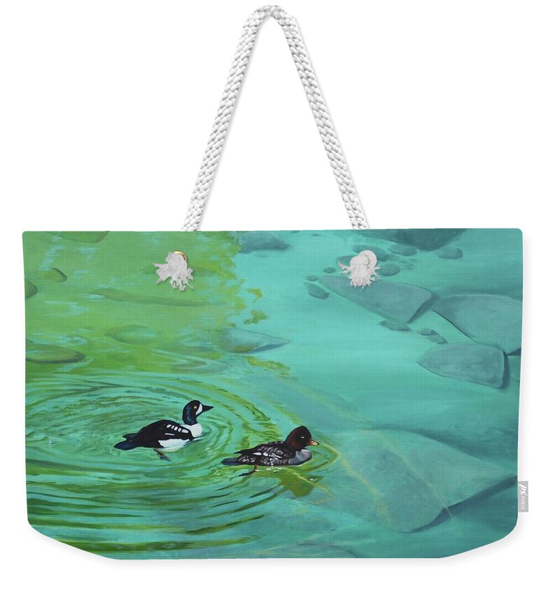 Barrows Goldeneye Weekender Tote Bag featuring the painting Reflections_ Barrows Goldeneye by Tammy Taylor