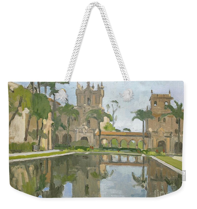 Reflection Pond Weekender Tote Bag featuring the painting Reflections in the Lily Pond - Balboa Park, San Diego, California by Paul Strahm