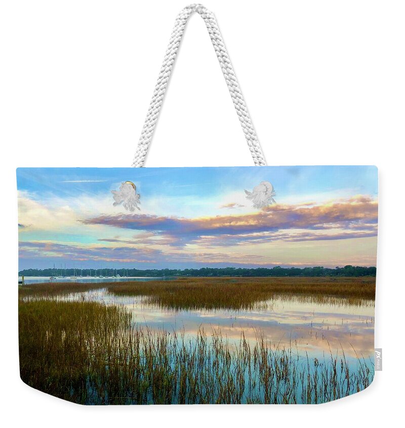  Weekender Tote Bag featuring the photograph Reflections, Landscape, Marsh Grass by Michael Stothard