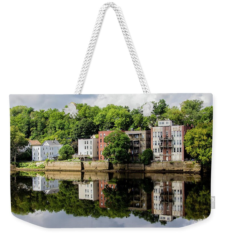 Landscape Weekender Tote Bag featuring the photograph Reflections of Haverhill on the Merrimack River by Betty Denise