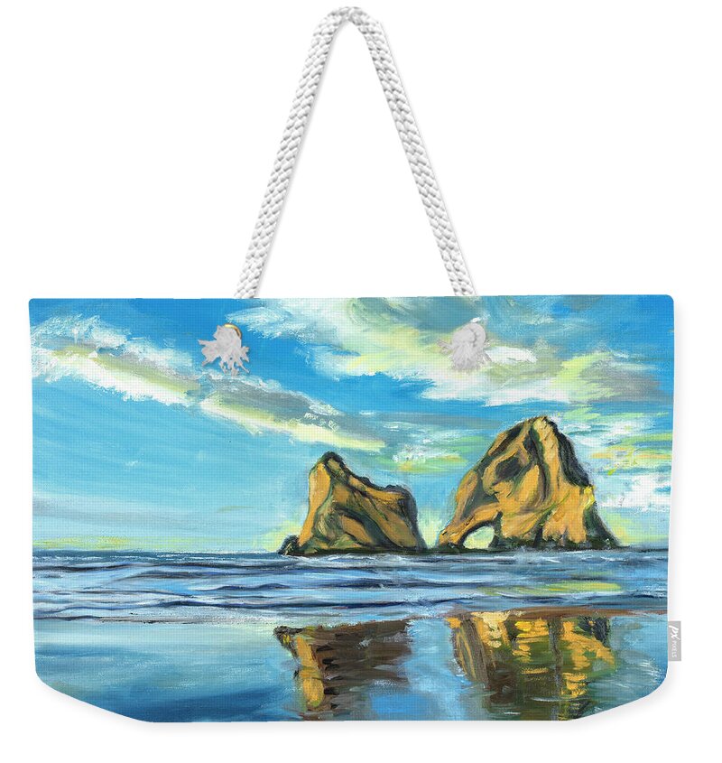 Beach Seascape Water Sky Arches Reflections Weekender Tote Bag featuring the painting Reflections by Santana Star