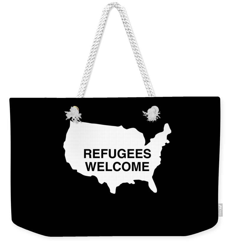 Funny Weekender Tote Bag featuring the digital art Refugees Welcome USA by Flippin Sweet Gear