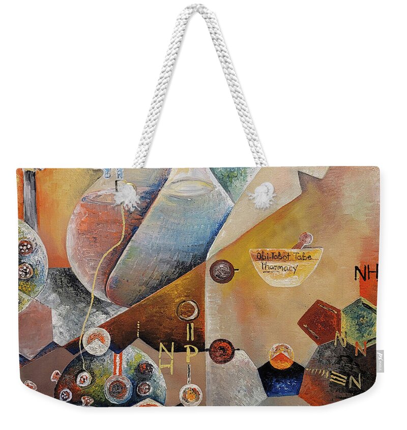 Abstract Weekender Tote Bag featuring the painting Remdesivir and the Pharmacist's Role in the COVID-19 Pandemic by Obi-Tabot Tabe